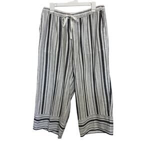 Linen Blend Striped Wide Leg Crop Pull On Pants Large Coastal Lagenlook Boho